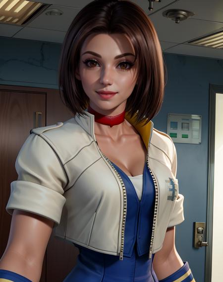 Alice.brown hair,short hair,brown eyes,cleavage,
choker,white,cropped jacket,jacket,gloves,skirt,
standing,upperbody,smile,
hospital room.,
(insanely detailed, beautiful detailed face, masterpiece, best quality),<lora:Alice:0.8>,