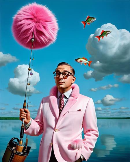 a man with glasses and a pink fur ball, Sporting Goods > Outdoor Recreation > Fishing > Fishing Rod Accessories > Fishing Rod Bags & Cases floating in the air:1.3, Alice Prin, surreal photography, a surrealist painting, art photography, promotional image, a hyperrealistic painting, hyperrealism, panfuturism , <lora:Photo_Fantasy:0.8>