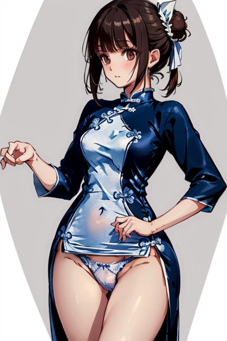 brown hair, double_bun, blunt bangs,chinese clothes , china dress, dress，White dress, white underwear, white panties