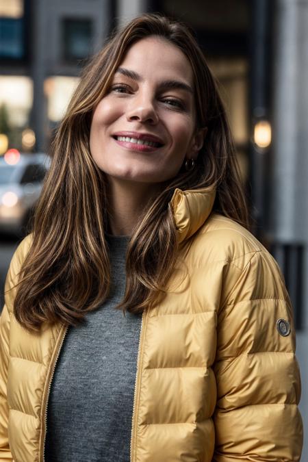 a woman in a yellow puffy jacket, smile, soft lighting, (high detailed skin:1.1)
 <lora:0more_details:1> <lora:michelle_monaghan_lora_v01:1> michmon