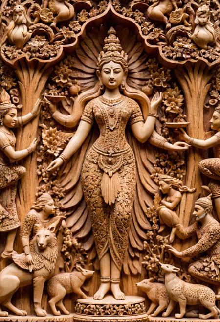 Masterful craftsmanship, intricate wooden art, exceptional quality, ultra-detailed, UHD, depth of field showcasing rich, natural wood grains. A symphony of carved figures, each with minutely detailed expressions and postures, set against a backdrop of a lush forest scene carved in relief. The play of light and shadow accentuates the textures, highlighting the artistic skill in transforming wood into a tableau of life, all captured in a warm, earthy palette