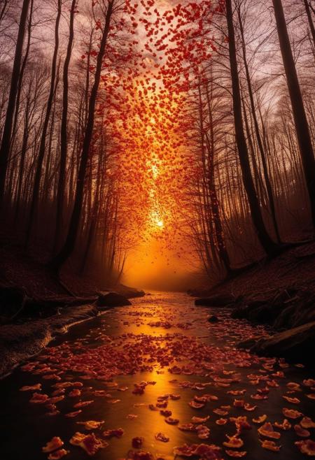 A surreal oasis where massive, towering bacon trees stretch toward a glowing, golden sky, their branches curling into delicate spirals of crispy perfection. The ground is warm and marbled, glistening with pools of gently bubbling, smoky fat. Hot springs of sizzling bacon grease flow in slow, mesmerizing currents, their surfaces reflecting the ember-lit clouds above. Floating petals made of thin, translucent pork belly drift through the air, releasing faint wisps of rich, hickory-scented steam. The entire scene is bathed in a warm, golden-red glow, as if the sun itself were made of slow-roasting embers.