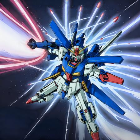 zzgundam,mobilesuit, green eyes,v-fin, glowing eyes, flying,booster effect, beam saber,holding sword, beam rifle,holding weapon, beam attack,energy beam, mega particle cannon,mega beam, missile attack,missile,missile effect, aura effect,