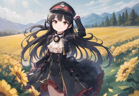 8620 \(Maitetsu\),masterpiece, best quality, ultra-detailed, illustration,yellow flower,blue sky,smile,outdoor,ray tracing,colorful,black hat,field,red eyes,standing