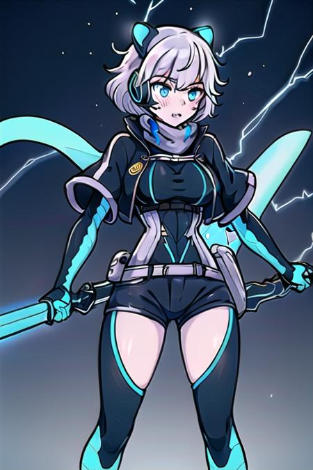 masterpiece,(best quality),(1girl) ,solo,1girl,icey,silver hair ,blue eyes,headphones, messy hair, short hair,factory, machinery, electricity, blue lightning,blue energy, 
 holding sword, energy sword,   glowing sword, science fiction,,glowing,holding,holding weapon,weapon,