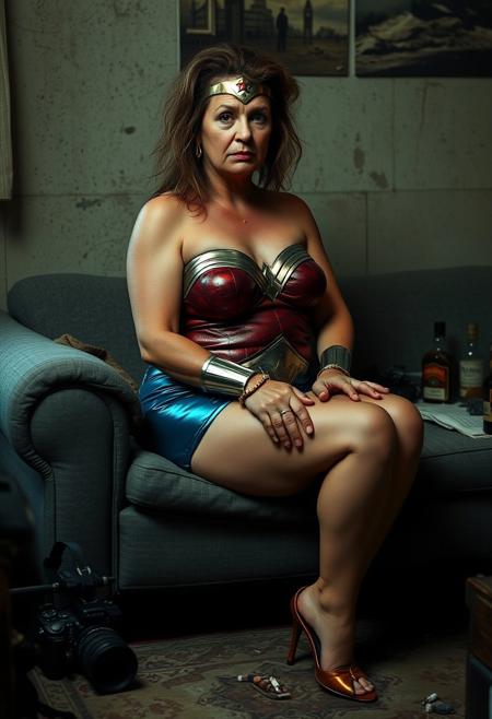 Realistic photograph of Wonder Woman In her late 60s. Hair is untidy and unwashed. overweight, sagging breasts. outfit is too tight, too short. heels. wrinkled face. smeared heavy makeup. Sat sad and drunk on a sofa in a rundown dirty motel room with poor light and no windows. film camera, cigarettes, and whisky bottles lie around the room. Low key lighting. Dark shadows. chubby, cellulite. Cinematic style cyan and orange.