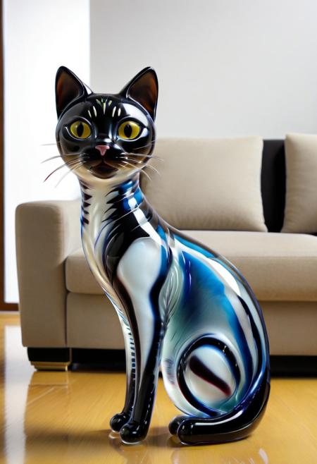 murano_glass_style, (livingroom:3), (cat murano_glass_style:2). (indoors:1.6), (large room:1.2).