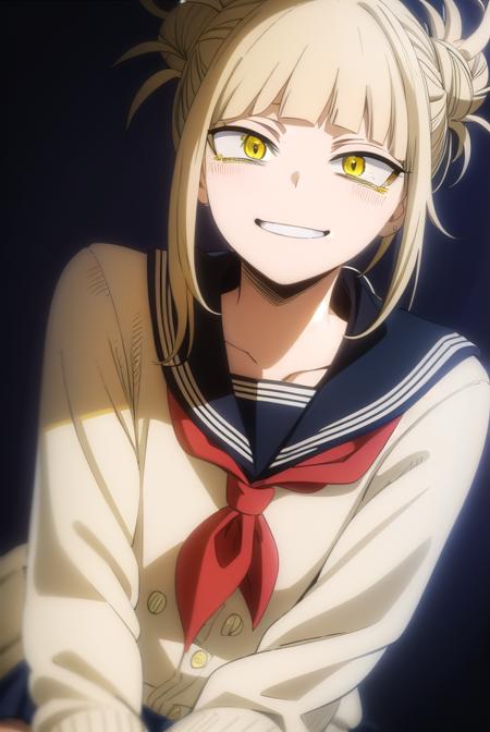 togahimiko, <lora:himiko toga s5-lora-nochekaiser:1>,
himiko toga, (toga himiko:1.2), bangs, blonde hair, (yellow eyes:1.5), blunt bangs, hair bun, double bun, messy hair, smile, grin, teeth,
BREAK skirt, long sleeves, school uniform, pleated skirt, shoes, serafuku, socks, sailor collar, blue skirt, neckerchief, kneehighs, brown footwear, cardigan, black socks, loafers, red neckerchief, yellow cardigan,
BREAK indoors, classroom,
BREAK looking at viewer, (cowboy shot:1.5),
BREAK <lyco:GoodHands-beta2:1>, (masterpiece:1.2), best quality, high resolution, unity 8k wallpaper, (illustration:0.8), (beautiful detailed eyes:1.6), extremely detailed face, perfect lighting, extremely detailed CG, (perfect hands, perfect anatomy),