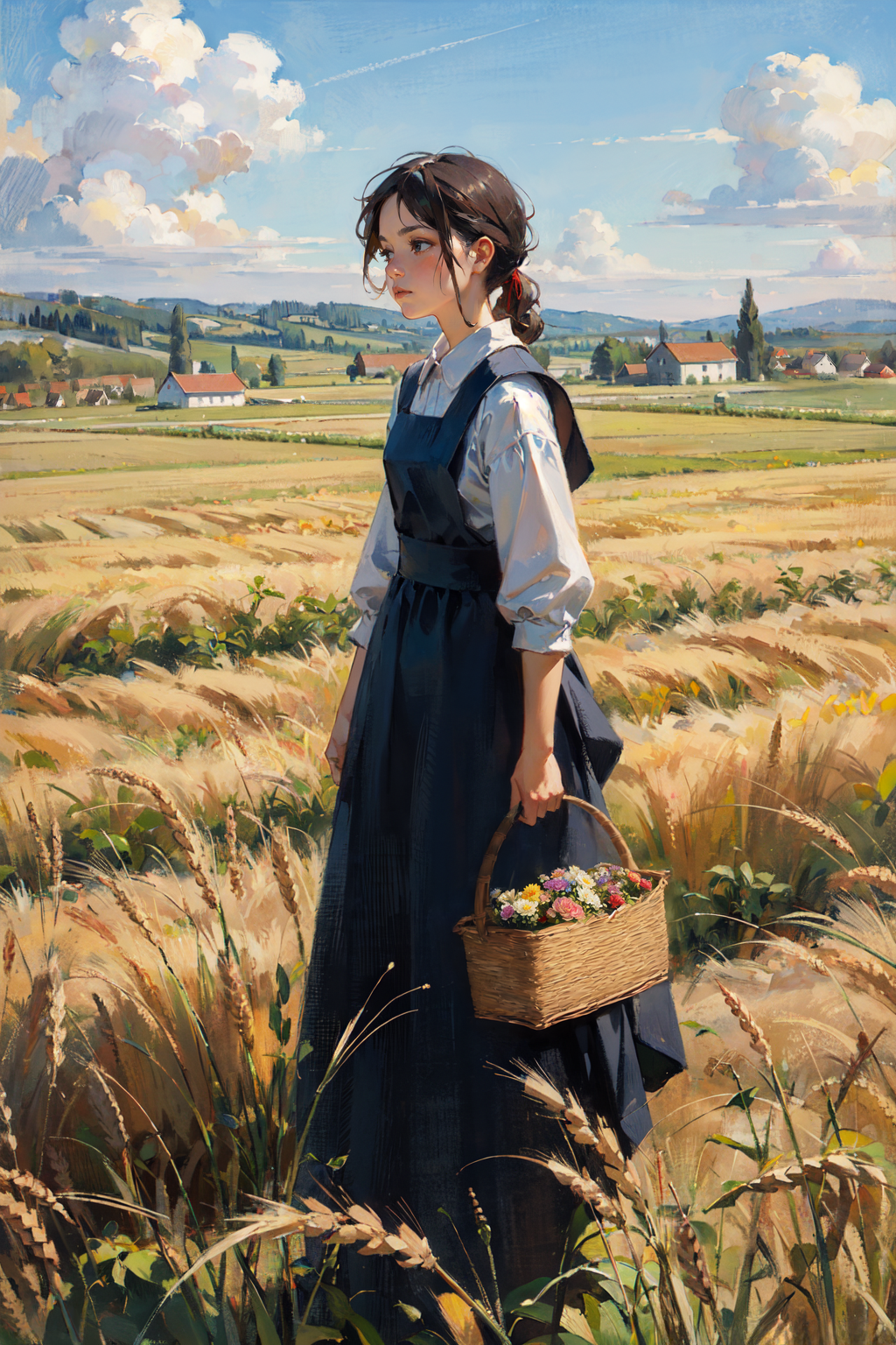 masterpiece, best quality, sad peasant woman working in the middle of a wheat field, post-Impressionist