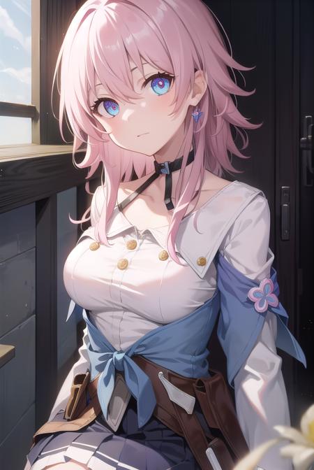 marchseventh, <lora:marchseventh-lora-nochekaiser:1>, 
march seventh, blue eyes, hair between eyes, medium hair, pink eyes, pink hair, two-tone eyes,
BREAK ankle boots, archery shooting glove, badge, bare legs, black choker, black corset, black footwear, black gloves, blue jacket, blue skirt, boots, button badge, buttons, choker, collarbone, corset, earrings, flower ornament, gloves, high heel boots, high heels, jacket, jewelry, long sleeves, miniskirt, partially fingerless gloves, pleated skirt, shirt, single earring, single glove, skirt, thigh strap, tied jacket, underbust, white shirt
BREAK looking at viewer, 
BREAK indoors, classroom,
BREAK <lyco:GoodHands-beta2:1>, (masterpiece:1.2), best quality, high resolution, unity 8k wallpaper, (illustration:0.8), (beautiful detailed eyes:1.6), extremely detailed face, perfect lighting, extremely detailed CG, (perfect hands, perfect anatomy),