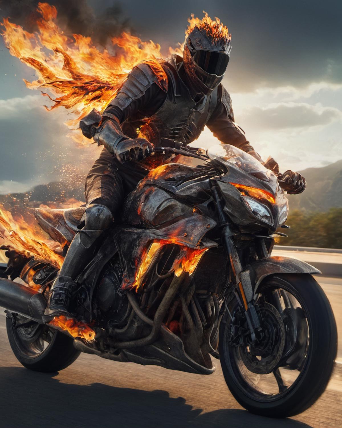 A man riding a motorcycle with fire in the background.
