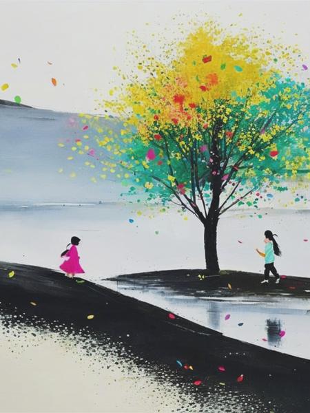 <lyco:WuGuanzhong:1.0> A colorful tree with a little girl under the tree,artwork by Wu Guanzhong