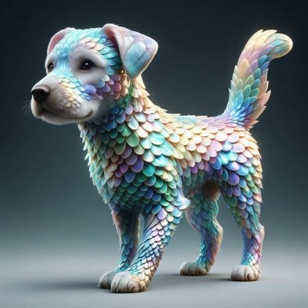 p1nk1r1sc4l3s, a puppy made out of iridescent scales, masterpiece, best quality, highly detailed, sharp focus, dynamic lighting
