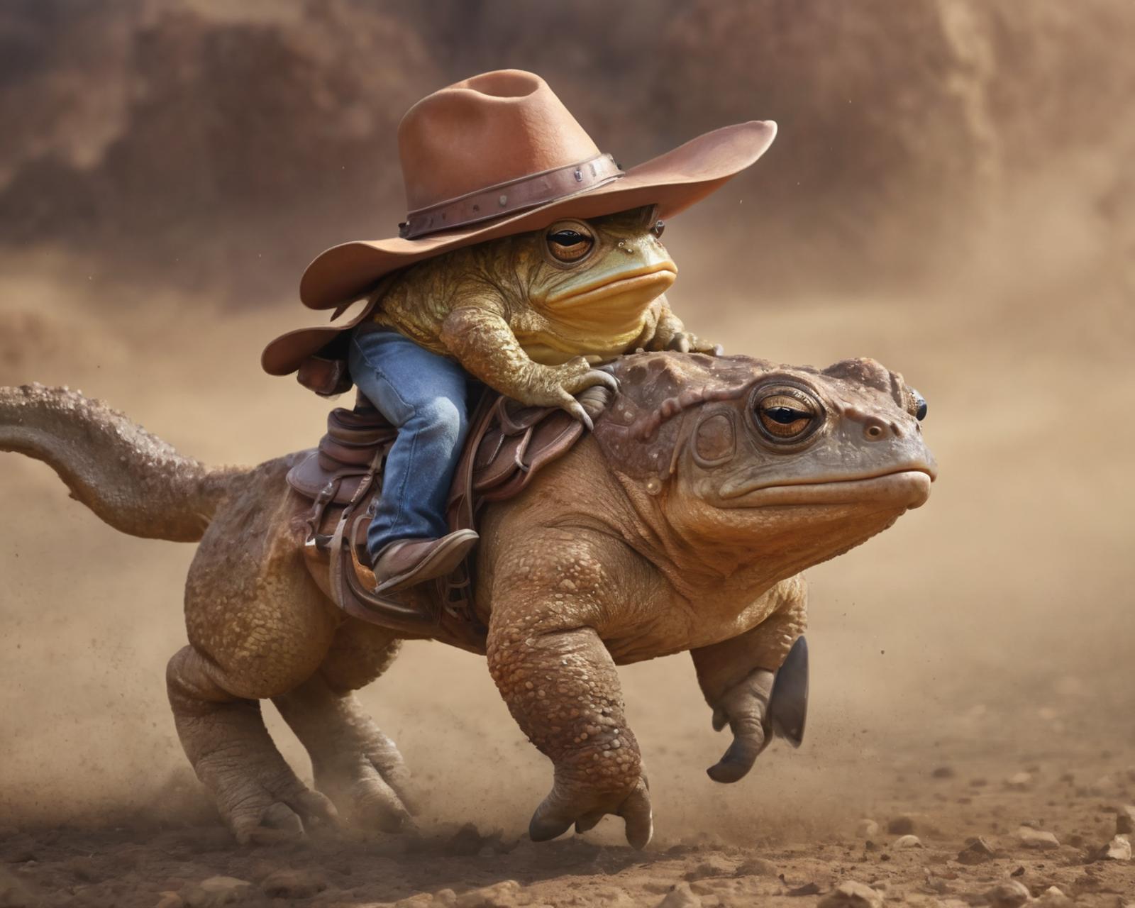 A frog riding on a lizard wearing a cowboy hat.