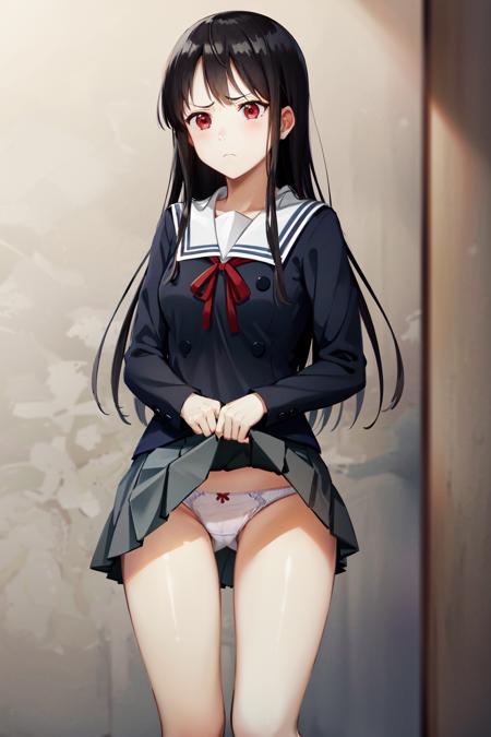 masterpiece, best quality, highres, mitsuki1, 1girl, solo, long hair, school uniform, black hair, red eyes, pleated skirt, black socks, serafuku, bangs, kneehighs, sailor collar, long sleeves, ribbon, <lora:nase_mitsuki_v2:0.7>, (skift lift:1.3), (panties:1.1), (frown:1.1), standing, cowboy shot,