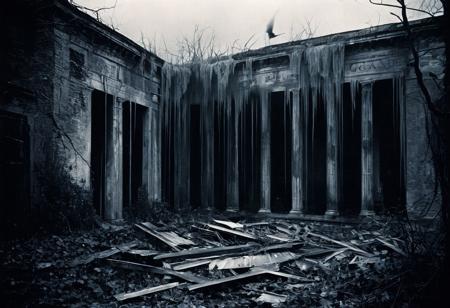 ghostly apparitions  floating around an abandoned building in the style of photography, installation, landscape
Horror-themed illustration combining the styles of Stephen Gammell and William Blake, macabre and surreal elements, dark and intense imagery