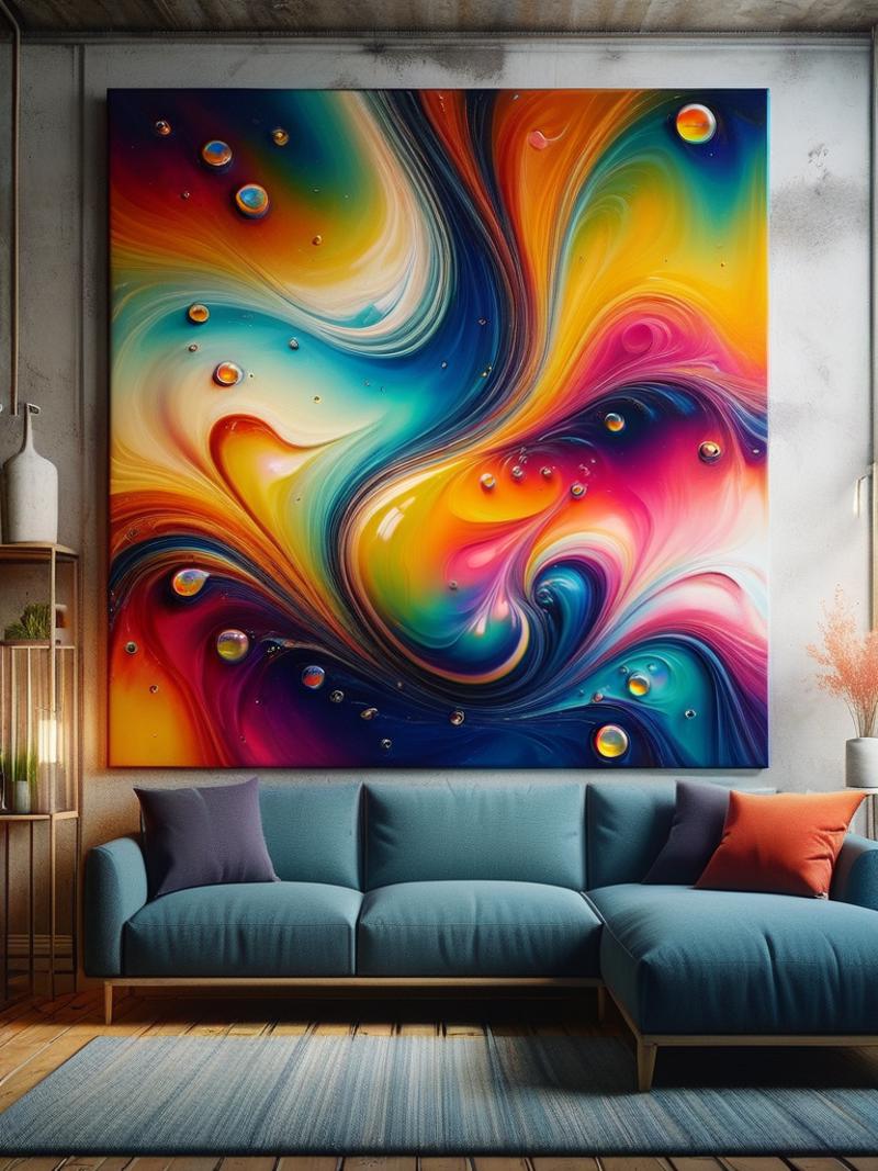 A large colorful abstract painting hanging above a blue couch.
