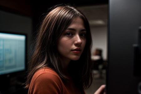 A pretty north European young woman, solo, happy, supermodel, light brown hair, long wavy hair, pale skin, slim eyebrows, perfect face, small nose, blue big eyes, small rose lips, big tits, nice breasts, cleavage, blue dress, holding a large screen smartphone in hand, looking at smartphone screen. Hacker workplace background, some computers, some server racks, strange technology devices, epiCPhoto, <lora:pytorch_lora_weights:0.5>, <lora:picxer_real:0.7>, <lora:FilmVelvia3:0.3>, <lora:more_details:0.6>