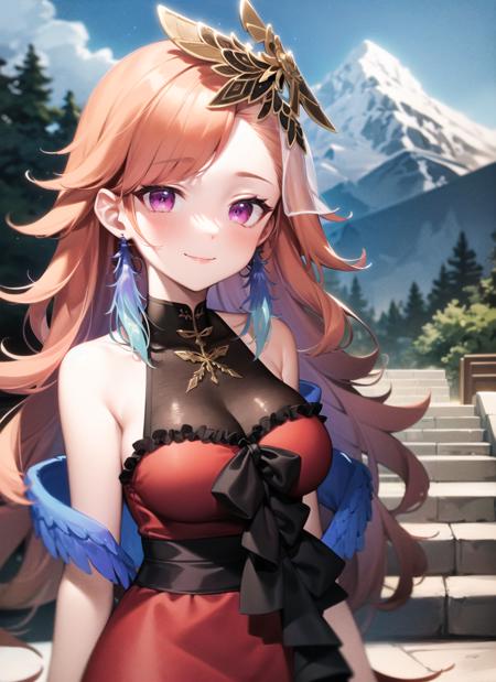 <lyco:kiara1-000008:1.0>, kiarafancy, upper body, smile, blush, outdoors, day, simple background, blue sky, sky, temple, looking at viewer, stairs, mountain, moody lighting, facing viewer,