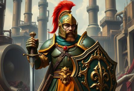 A classical masterwork painting in the style of Raphael, depicting a heroic World of Warcraft Scrap Soldier in a dignified yet dynamic pose, one hand firmly on a finely crafted sword, the other holding a ornate shield. The armor, rendered with rich impasto, is a glorious array of green and gold, intricately adorned with vibrant red and orange details that catch the light. The regal green and gold helmet is crowned with a flowing red plume, painted with exquisite detail. The background is a beautifully composed Scrap Factory, its architectural elements and machinery forming a grand, painterly backdrop that accentuates the Scrap Soldier. The scene conveys a timeless sense of readiness and heroic stature. 8K, Raphael Style, Houdini Style, Lifelike Details, Super Detailed Face and Eyes and Clothes, Handcrafted with Precision, High Quality, Sharp Brush Strokes, Stunning Colors, Harmonious Colors, Multi Colored, Contemporary Aesthetics, Beautiful Matte Painting, Impeccable Composition, Creative Angle, Attractive Background, Balanced Editing, Intentional Focus, Well-timed Moment, Captivating Lighting, Vivid Emotions, Joyful Impact, Powerful Message, Beautiful Detailed Eyes, CGSociety, trending on Artstation, Golden Ratio, Exceptional Quality, More Detail, Super Detailed.