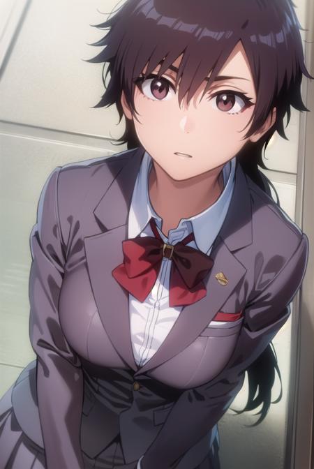 tatsuki, short hair, black hair, long hair, (brown eyes:1.5), skirt, bow, school uniform, jacket, blazer, red bow, long sleeves, grey blazer, grey skirt, t-shirt, shirt, yellow shirt, short sleeves, pants, purple pants,