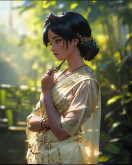 fashion photography portrait of indian girl with black hair, in lush jungle with flowers, 3d render, cgi, symetrical, octane render, 35mm, bokeh, 9:16, (intricate details:1.12), hdr, (intricate details, hyperdetailed:1.15), (natural skin texture, hyperrealism, soft light, sharp:1.2), detailed, sunlight passing through foliage, <lora:KandyanDress_V1:0.8>, blue saree, 8k details, masterpiece, best quality, award winning photo, photorealistic, highly detailed, raw photo, realistic natural skin textures, rim light, hyperrealistic, low contrast, sharp focus, soothing tones, intricate, low key, masterpiece, best quality, award winning photo, photorealistic, highly detailed, raw photo, realistic natural skin textures, rim light, hyperrealistic, low contrast, sharp focus, soothing tones, 8k details, intricate, low key