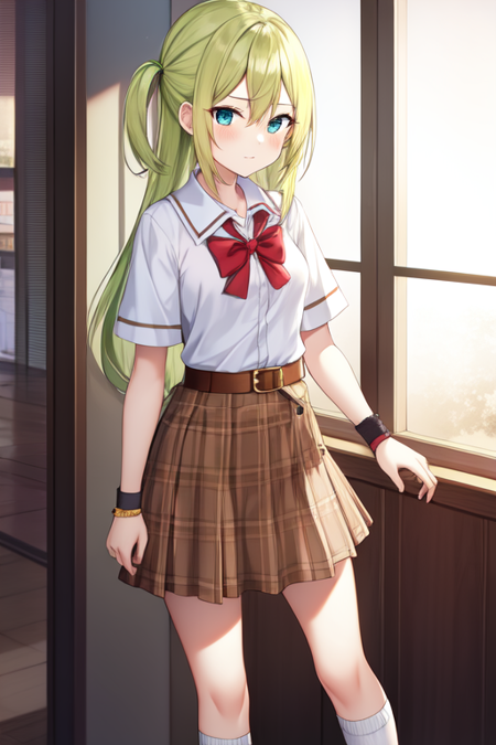 alinagray, 1girl, solo, looking at viewer, skirt, shirt, bow, closed mouth, standing, short sleeves, pleated skirt, small breasts, socks, bowtie, red bow, plaid, white socks, wristband, sleeves rolled up, pouch, brown belt, belt pouch, loose socks, loose bowtie, sakae general school uniform