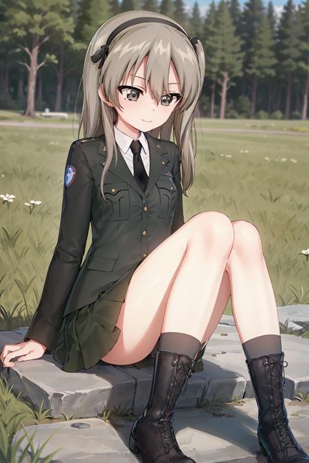 masterpiece, best quality, 1girl, solo, girls und panzer, shimada arisu,hair ribbon, selection university military uniform, black jacket,white shirt, black necktie, black skirt, grey socks, lace-up boots, sitting on rocks, green field, blue sky <lora:Shimada Alice:0.6>