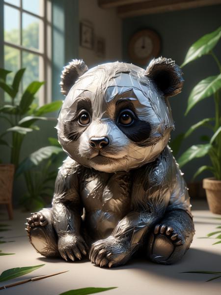 a cute panda baby cuba hybrid, cuba baby, uplight, wide angle, super highly detailed, professional digital painting, artstation, concept art, smooth, sharp focus, no blur, no dof, extreme illustration, unreal engine 5, photorealism <lora:ral-alufoil-sdxl:1> ral-alufoil