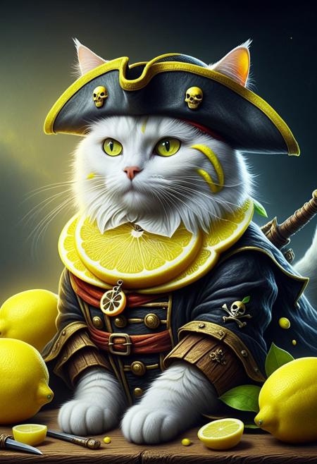 wl_lemons, (Masterpiece, Best Quality, 4k, Highres:1.2), a cat dressed as a pirate 
 made of lemon,