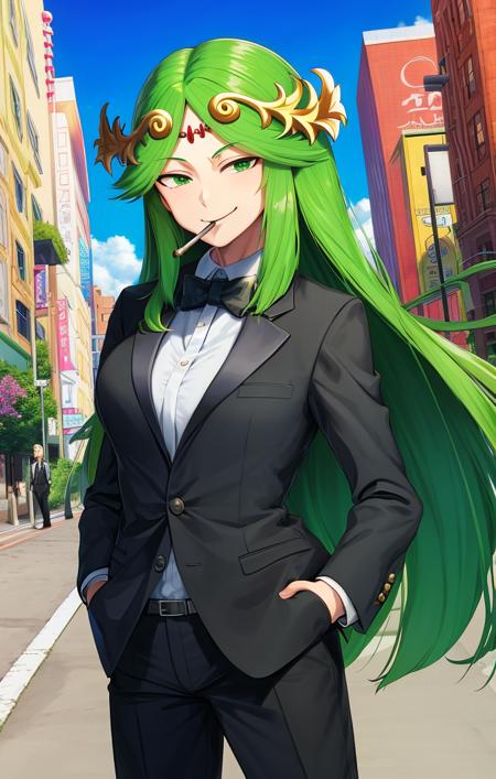 <lora:PalutenaKidIcarus1:1> best quality, masterpiece, outdoors, palutena [kid icarus] walking down city street, 1girl, solo, vanishing point, tuxedo, suit, tie, smoking cigar in mouth, smirking expression, hands in pockets, medium breasts