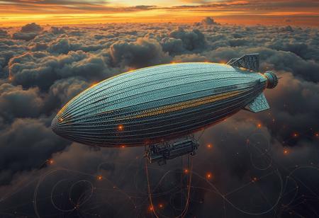 masterpiece, ultra-detailed, dutch angle view of a trippy zeppelin drifting through tangled circuits, metalic-scale patterns glowing , silver colors, dark-orange sky background, misty clouds, electric stormlight