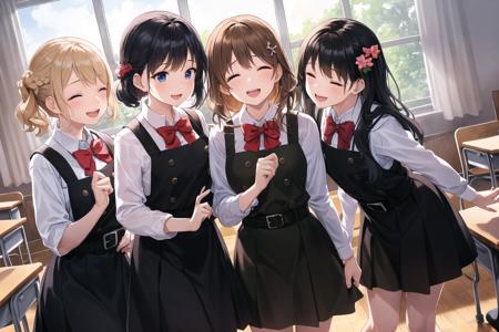 NSFW,6+girls,group shot,group picture,in classroom,chair,desk,((BPD,black pinafore dress,long skirt:1.2),red bowtie,belt:1.2),lips,super happy smiling, open mouth, closed eyes,french_braid ,hair scrunchie, hair_ornament,various color hair,(perfect lighting,side lighting,light leak,nice hands, perfect hand,perfect anatomy),(best quality), (masterpiece), detailed,absurdres, (illustration),an extremely delicate and beautiful,game_cg,  <lora:GoodHands-vanilla:1.2> <lora:BPD2_0.5_WEAR:1>