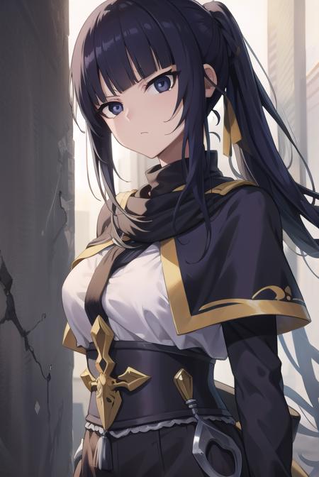 narberal gamma, black hair, high ponytail, long hair, slanted eyes, narrow eyes, belt, belt buckle, black pants, black ribbon, brown cape, buckle, buttons, cape, pants, ribbon-trimmed cape, white shirt, apron, armor, black dress, dress, frills, long sleeves, maid, maid headdress, puffy sleeves,