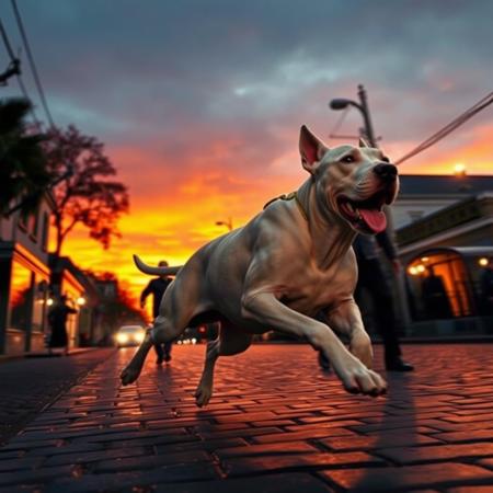 Create a wide, cinematic sunset scene of a fierce Dogo Argentino chasing down robbers through the streets of Savannah, GA. The setting sun casts a deep orange and purple glow across the sky, reflecting off the cobblestone streets and casting long shadows. The Dogo Argentino is in full sprint, its powerful muscles rippling with determination, illuminated by the fading daylight. The robbers, shown in the distance with blurred, frantic figures, are trying to escape but are no match for the relentless pursuit. The streets are empty, with an eerie stillness in the air, adding to the tension and drama of the chase.