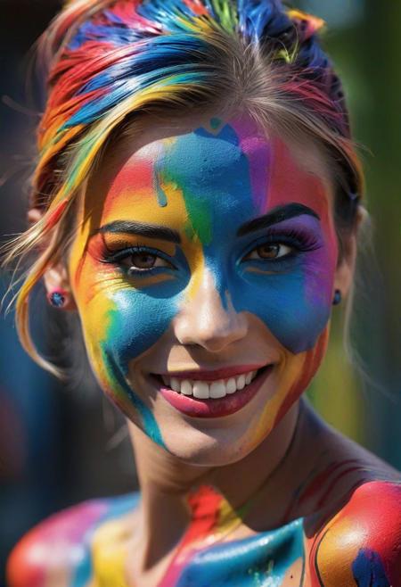female covered in colorfull paint, bodypainting, smile, happy, gorgeous, attractive, (((full body visible))), looking at viewer, portrait, photography, detailed skin, realistic, photo-realistic, 8k, highly detailed, full length frame, High detail RAW color art, piercing, diffused soft lighting, shallow depth of field, sharp focus, hyperrealism, cinematic lighting