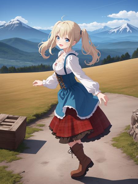 best quality, amazing intricate, cute girl, blue eyes, happy, :d, small breasts, 
platinum blond hair, twintails, dirndl, plaid dress, plaid skirt, dancing, 
full body, leather boots, 
plateau, mountains in the distance