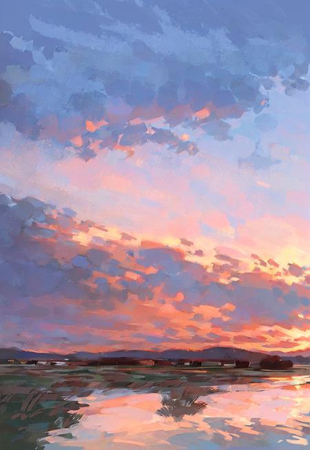 clouds, sky, no one, outdoor, landscape, cloudy sky, sunrise, reflection, outdoor, sun, vista, meadow, (illustration:1.0), masterpiece, best quality,  <lora:Speedpainta:0.78>