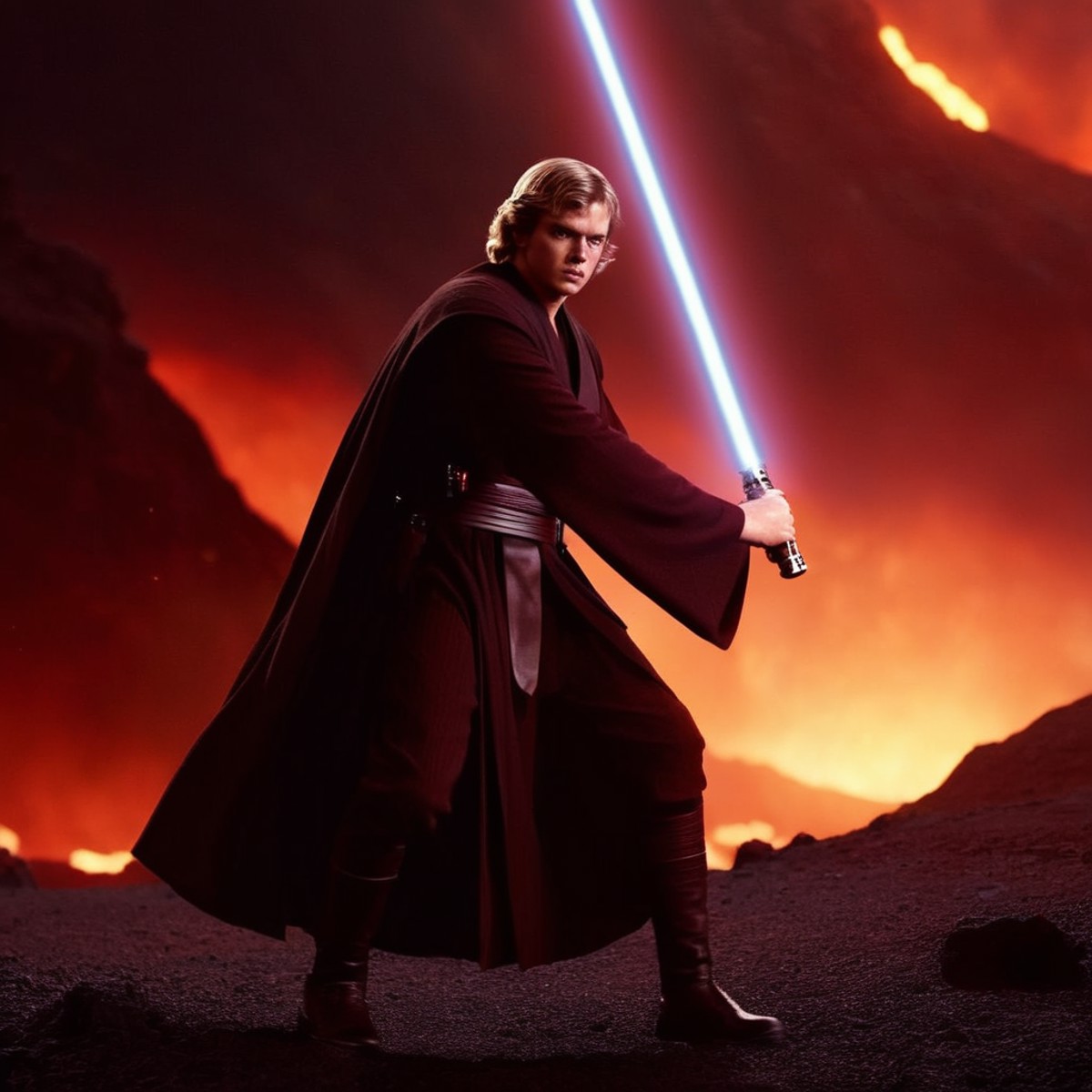 cinematic film still of  <lora:Anakin Skywalker:1.2>
Anakin Skywalker a man with a light saber in a volcanic lava planet i...