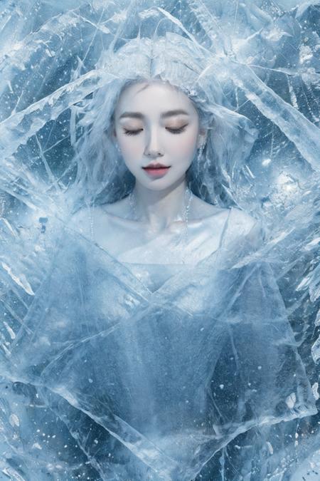 (Masterpiece, high quality, best quality, official art, beauty and aesthetics:1.2),ice and water,(ice:1.4),ice cone,ice circle,1girl,solo,Ice wraps around the girl (lingering:1.2),(white chinese clothes:0.8),space,((extremely detailed ink background)),((flat color)),{{ink splashing}},frost nova,ice ring,a bit like circular magic,facing camera,<lora:ice cake_20231126200433-000018:0.7>,extremely detailed 8K wallpaper,(an extremely delicate and beautiful),intricate detail,exquisite eyes,<lora:lolita_æ´ä¸½å¡ è£å­_æ¬¾å¼1:0.3:lbw=1,1,0,0,0,1,1,1,1,1,1,1,1,1,1,1,1>,sky,ice bound,ice cake,closed eyes,ice cracks,