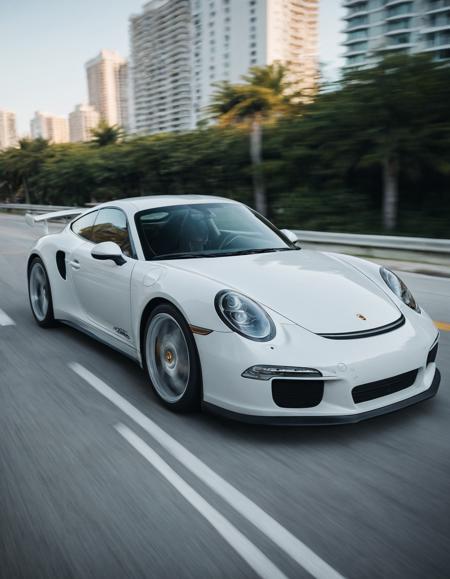 cinematic photo of white Porsche in Miami, perfect lighting, vibrant, high detailed, epic, movie still, motion blur, film grain