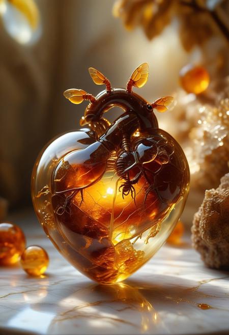 improved cinematic photo, 35mm photograph, film, professional, 4k, highly detailed,
An amber fragment enclosing a Human Heart,
The amber fragment is a smooth, slightly irregular sphere, roughly the size of a marble, with a warm golden-brown hue. Its surface is polished, gleaming softly under light, revealing a mesmerizing play of golden, honey, and orange tones. Tiny air bubbles and organic inclusions are scattered throughout, lending it a sense of antiquity and natural complexity.
Inside, a perfectly preserved Human Heart lies suspended in time, its delicate body encased in the translucent amber.
Around the Human Heart, subtle striations and minute organic fragments, possibly plant material or dust, create a vignette that frames the insect. The amber’s clarity varies in places, with some sections slightly cloudy, further accentuating the Human Heart as the focal point. The fragment feels timeless, a tiny time capsule offering a glimpse into a prehistoric world millions of years ago