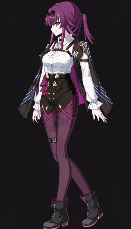 1girl, solo, shirt, pantyhose, eyewear on head, purple hair, jacket, sunglasses, purple eyes, white shirt,jacket on shoulders, breasts, black shorts, collared shirt, black jacket, necktie, bangs, boots, evil smile,
fgo sprite, full body, standing
<lora:fgo_sprites_xl_lora-step00007000:1> <lora:kafuka2:1>