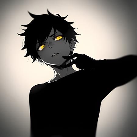 (1 guy:1.3) (in depression+social phobia+schizophrenia:1.1), (one color:1.2), shadows everywhere, portrait, short hair, (haughty:1.4), clouded look, black color in background, yellow eyes, t-shirt,