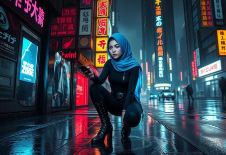 Photorealistic cyberpunk scene in the style of Blade Runner. A teen girl stands in a rainy, neon-lit alley in Neo Tokyo at night. She wears a luminous blue hijab, with strands of black hair streaked with glowing blue highlights peeking out. Her makeup is striking—pink glitter lipstick and glowing pink eyeshadow. She is dressed in a sleek, tight black turtleneck and form-fitting black pants with tactical belts and buckles, and knee-high high-heeled boots. The girl is crouched beside a futuristic corporate building, using a high-tech handheld computer to hack into a glowing terminal embedded in the wall. Neon signs in Japanese kanji reflect off the wet pavement. The background is filled with holographic ads, dense smog, and monolithic skyscrapers. Lighting is moody and cinematic, with heavy contrast, mist, and reflections in puddles, capturing the gritty atmosphere of Blade Runner.
–v 5 –ar 16:9 –style photorealistic –lighting cinematic –atmosphere rainy, neon, moody –quality ultra-detailed