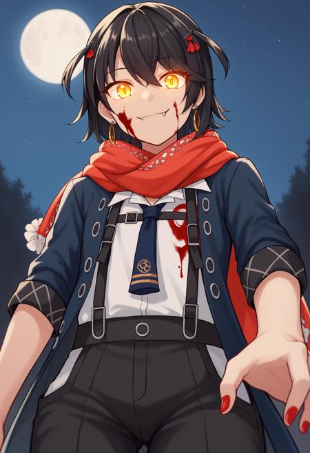 mme1, 1boy, otoko no ko, androgynous, yellow eyes, black hair, hairclip, hair ornament, earrings, fang, fangs, red nails, nail polish scarf, red scarf, shirt, white shirt, necktie, blue necktie, suspenders, coat, blue coat, sleeves rolled up, pants, black pants, yellow pantyhose, high heels, black footwear