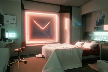 a room with a large window and a bed in it with a tenn-(tawny) sheet on the floor and a rose line on the wall, Filip Hodas, cgstudio, computer graphics, space art , cyber_room  , cyberpunk ambient, a room