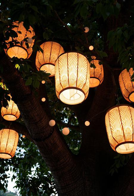 A low-angle shot captures a cluster of illuminated, geometric paper lanterns hanging from the sturdy branches of a mature tree. The lanterns are primarily cylindrical with rounded tops and bottoms, featuring a repeating pattern of radiating lines in warm orange and white hues. The light emanating from within casts a soft glow on their surfaces, highlighting the texture of the paper and the intricate design. Some lanterns appear partially obscured by the dense green foliage of the tree, creating a sense of depth and layering within the frame. The leaves are varied in shape and size, suggesting different types of foliage intertwined. A few smaller, spherical white lights are also visible, strung along a dark cord that weaves through the branches alongside the lanterns. The bark of the tree is rough and textured, with visible knots and variations in color. The overall lighting suggests either dusk or dawn, with a soft, natural light filtering through the leaves and illuminating the scene. The focus is sharpest on the central lanterns, gradually softening towards the edges of the frame, drawing the viewer's eye to the illuminated focal point. The scene evokes a feeling of warmth, tranquility, and perhaps a festive or decorative outdoor setting.