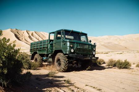 photo RAW,(<lora:gaz66:0.7>, a Dark green grass truck driving down a desert), masterpiece, award winning photography, lighting, perfect composition, high detail, hyper realistic,dramatic lighting, epic