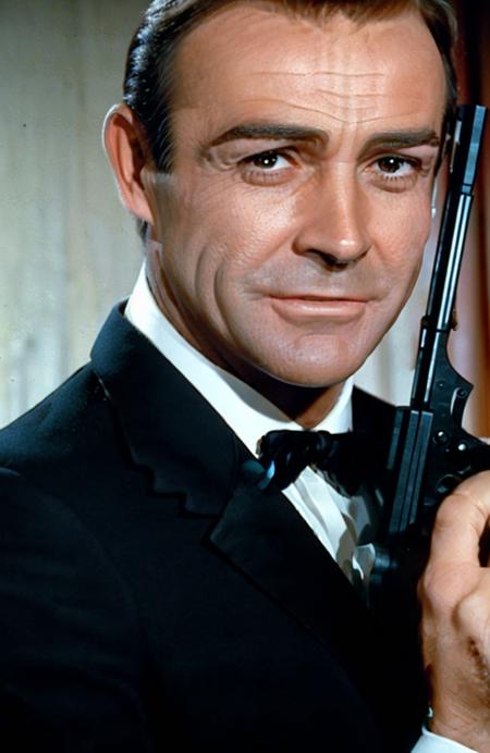 award winning photo of a mature man, sirsean, <lora:sirsean:1> , closed mouth smile, wearing a black suit, holding a pistol standing against a plain background, sharp focus, 1960s movie, filmgrain